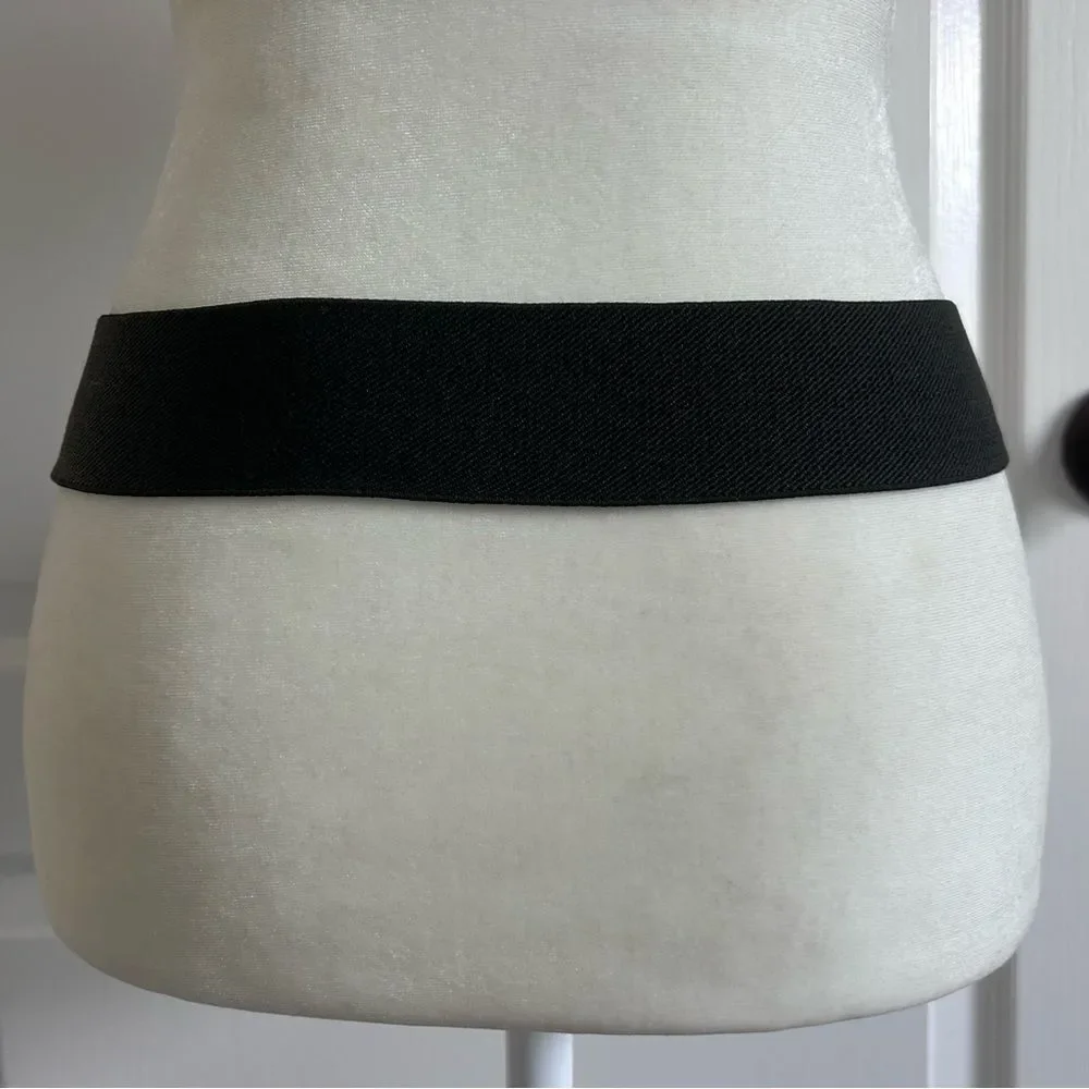 Black Wide Stretch Belt with Silver Statement Buckle Textured Faux Leather